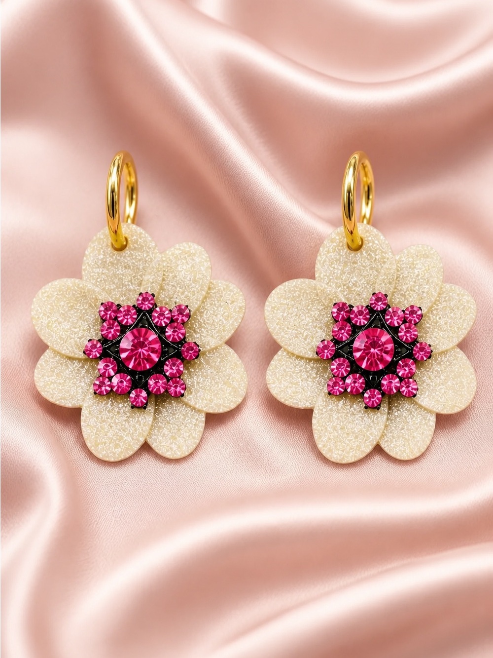 Handcrafted Fuchsia Crystal Flower Earrings with Gold Hoops - Picture 5 of 5